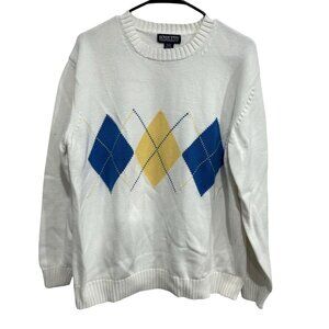 Lands End Mens Argyle Sweater White Blue Yellow Cotton Sz Large